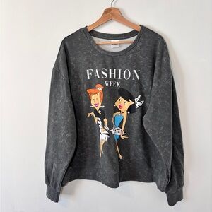 Flintstones Betty and Wilma Cartoon Graphic Sweatshirt Acid Wash Grey Size L